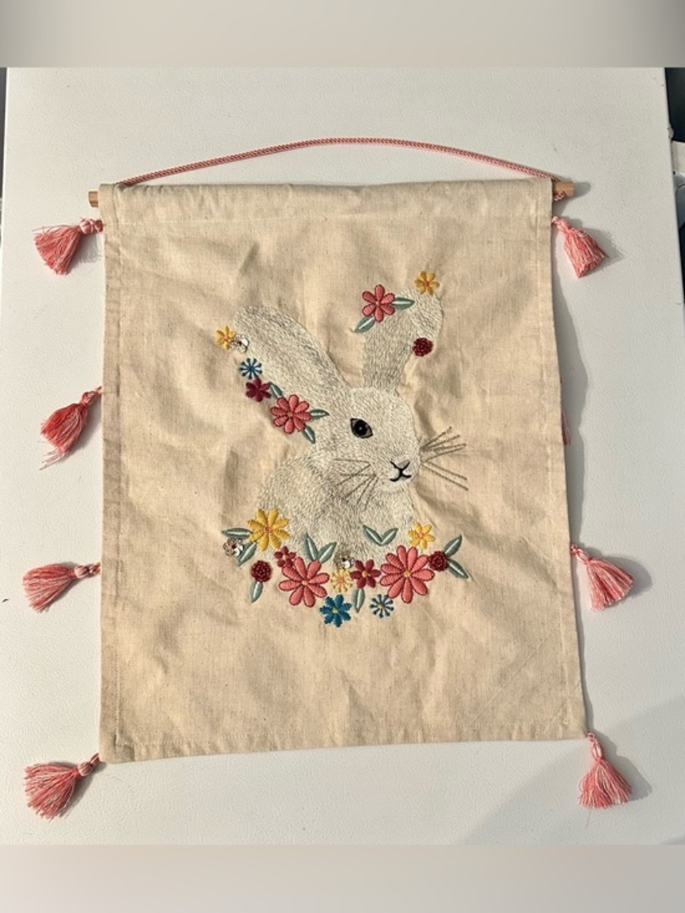 Opalhouse wall hanging embroidered Easter Bunny Floral and Pink Tassels